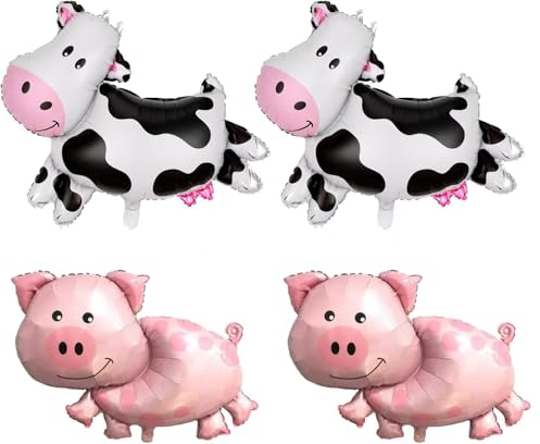 Luftballons Tiere, 4 Stück Bauernhoftier Luftballons, Ballon Tiere mit Kuh, Schwein, Folienballon Tiere, Thema Party Animals Luftballons für Kinder Geburtstag Party Deko (4 Pcs)