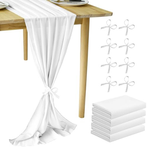 MUUKAIII 4 Stück Chiffon Tischläufer Weiß 70x300 cm Hochzeit Musselin Dekostoff Boho für Hochzeitsdeko, Tischdeko Geburtstag, Taufe, Babyparty