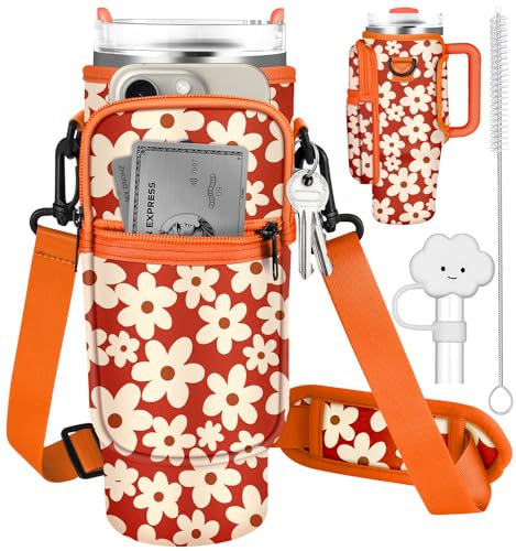 Water Bottle Holder Carrier Bag for Stanley Cup 40 oz Water Bottle Sling Pouch with Adjustable Shoulder Strap Phone Pocket Clouds Straw Cover Cleaner Brush for Walking Travel Hiking Gym（Orange Daisy）