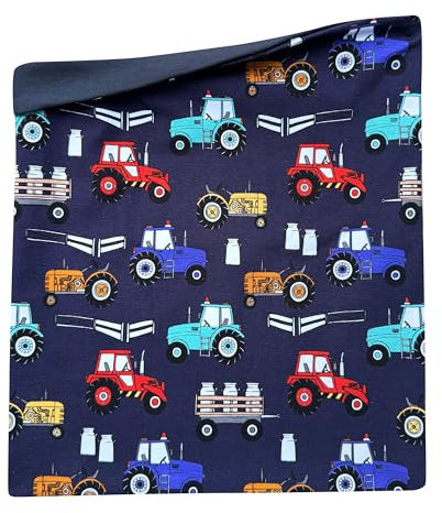 Wollhuhn Kinder Long Loop MAXI Halswärmer/Schlupf-Schal Extra Lang Jungen/Mädchen Viele Motive 20240201 (Baumwolljersey, Trecker Dunkelblau/Bunt)