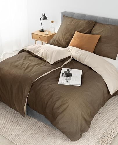 lionto dibea Renforcé-Wendebettwäsche aus 100% Baumwolle, 135x200 cm, Kissenbezug 80x80 cm, 4-teilige Bettwäsche zu jeder Jahreszeit, pflegeleicht und formstabil, inkl. Oeko-TEX Zertifikat, braun