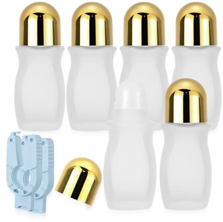 Rowiz 50ml Frosted Clear Glass Roller Bottles with Plastic Roller Balls 6 Pack Empty Deodorant Roller Bottle Empty Glass Roll On Bottles with Gold Cap for Essential Oil, Perfume (2pcs Openers)