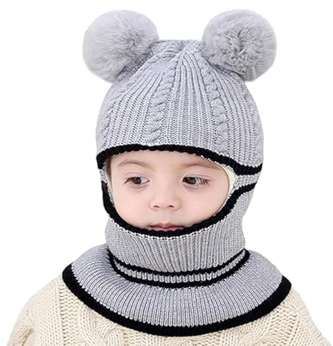 Schlupfmütze Kinder, Schlupfmütze Baby, Schalmütze Kinder, Schalmütze Baby, Warm Niedlich Schalmütze Strickmütze mit Bommel, Beanie Schlupfmütze mit Fleecefutter für Kinder Mädchen Junge (grau)