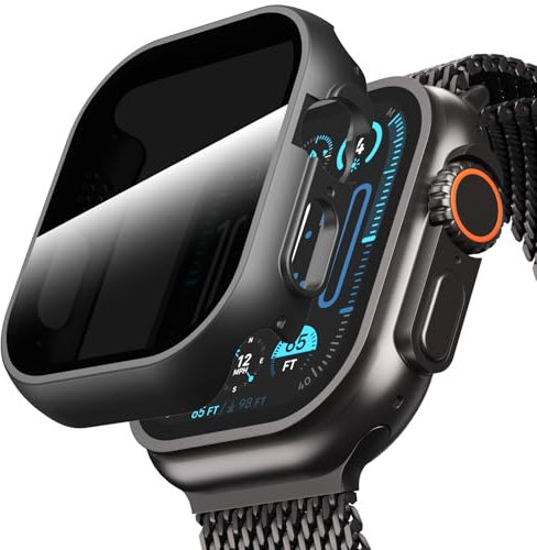 Eirltiy Cover per Apple Watch Ultra/Ultra 2 49mm Vetro Temperato Privacy Pellicola Protettiva,Ultra Sottile Rigida Anti-Graffio Custodia Tocco Sensibile Anti Spy Protettiva Case, Nero