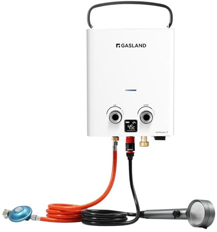 GASLAND Go Shower G5-DE Gas-Durchlauferhitzer, Propan/Butan (50mbar) Warmwasserbereiter für den Außenbereich mit Schnellanschluss-Duschkit, Warmwasserduschen für Camping