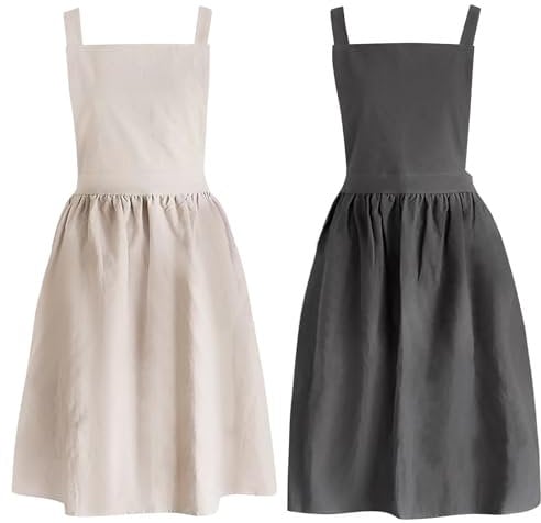 PORFOYO Baumwolle Leinen Schürzen Einfarbig,2 Stück Japanischer Stil Kreuz Zurück Schürze,Weiche Schürze Aus Baumwoll Leinen,Schürze Aus Baumwolle Und Leinen Für Küche,Backen,Floristik,Kaffeehaus
