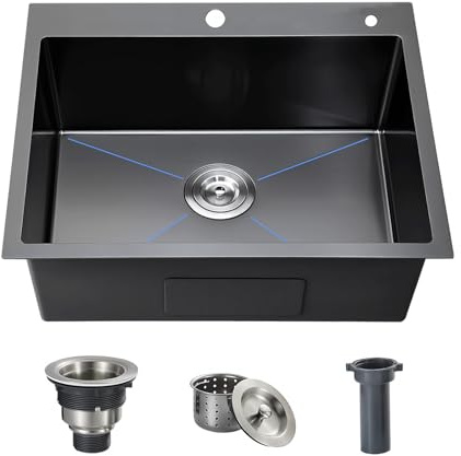 Évier de cuisine noir 38 x 50 cm en acier inoxydable – Évier compact à encastrer avec égouttoir et égouttoir – Idéal pour les petites cuisines, bars ou buanderies (Évier à poser, 38 x 50cm)
