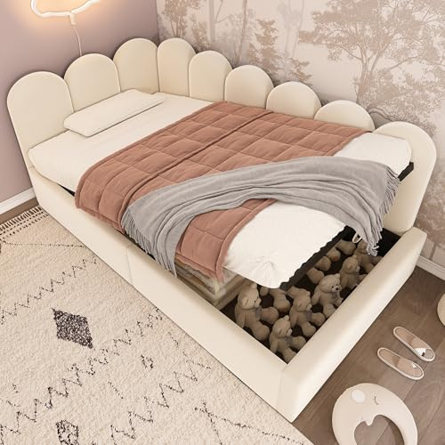 Lcoho Polsterbett Daybett (90x200 cm),Tagesbett Schlafsofa mit hydraulischem Stauraum, Kinderbett mit Metall-Lattenrost, Samt, Beige, ohne Matratze
