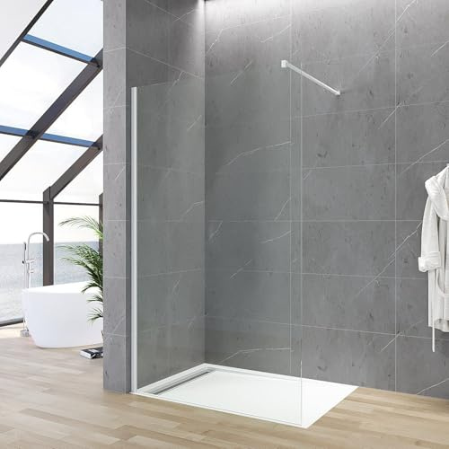 Walk In Duschwand 80 x 200 cm Glas Duschabtrennung Duschtrennwand aus 8 mm Nano ESG Sicherheitsglas mit weißmattem Wandprofil & Stabilisator Duschkabine Badezimmer Glaswand Duschglaswand YAKE