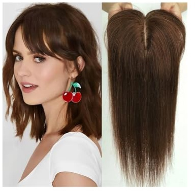 3x5 Real Human Hair Toppers Wigs with Bangs Silk Base Clip Pieces Straight Topper Hairs for Women Hair Extension(Ombre Dark Brown)