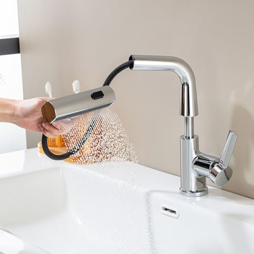 LakeBayMZC Robinet de salle de bain avec douchette extensible,Robinet de lavabo pour vasque à poser avec 3 types de jets d'eau douchette extensible,Mitigeur salle de bain hauteur réglable,chrome
