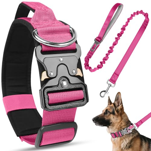 Viugex Ensemble Collier et Laisse pour Chien, Collier de Chien Tactique Militaire avec Boucle en Métal, Résistant et Réglable Collier pour Petits, Moyens et Grands Chiens (Rose Rouge, L)