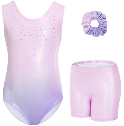 Gogokids, Completo da ginnastica bambina composto da tre pezzi, body senza maniche, pantaloncini e fascia per capelli, tuta danza classica scintillante, con design a colori sfumati, dai 3 ai 12 anni | Body da ginnastica con strass scintillanti, set da 3 pezzi con pantaloncini e scrunchie, per 3-12 anni, body da balletto