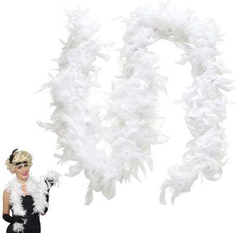 VRYNDH Federboa weiß, 20er Jahre Accessoires Damen WeißFedern,2m Metallic Glitzer Karneval Federn für Kostüm Dekoration, Karneval Fasching Party Basteln