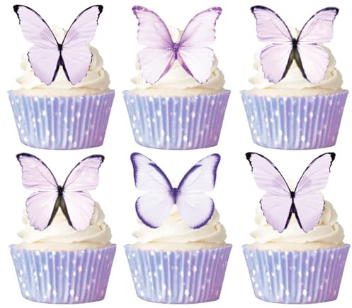 Gleevio Essbare Schmetterling Tortendeko Mädchen,48 Essbare Schmetterlinge für Torte Lila,Esspapier Schmetterlinge Deko Torte,Schmetterling Muffin Deko Essbar,Kuchendeko Geburtstag Hochzeit Frühling