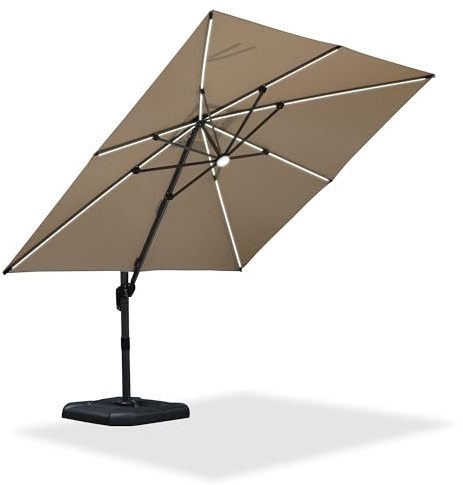 PURPLE LEAF Ombrellone da Giardino 3 x 3 m con Luce LED Solare, Ombrelloni da Esterno Inclinabile e Rotazione di 360°, Ombrellone da Balcone con 8 Stecche e Tela con Protezione UV 50+, Beige
