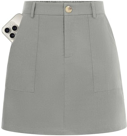 Kate Kasin Damen Leinen Sommer Minirock Hohe Elastischer Taille Wickelrock Casual Short Skirt mit Tasche
