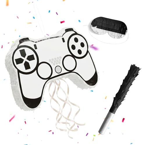 Relaxdays Pinata Gamer, Stab & Maske, Partypinata Kinder, Geburtstag, zum Befüllen, Controller, HBT: 32x42x8 cm, weiß