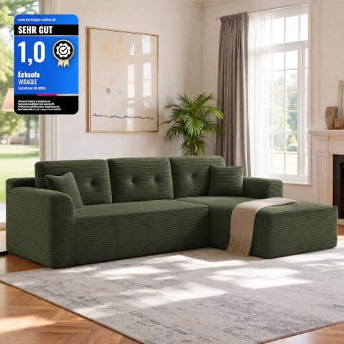 VASAGLE Ecksofa, Keine Montage erforderlich, modulares Sofa, 244 cm breit | Schlafsofa, vakuumverpackt, mit großer Chaiselongue rechts, für Wohnzimmer, waldgrün, LCS184C101