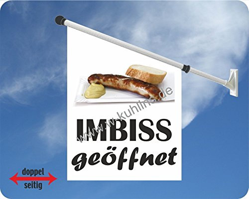 Werbeflagge, Werbefahne, Imbissflagge, Imbissfahne- Currywurst, Bratwurst, Pommes - Ideal für Imbiss, Grill, Restaurant oder Kirmes, versch. Varianten, weiß (Imbiss geöffnet)