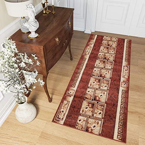TAPISO Atlas Teppich Läufer Meterware Flur Kurzflor Küche Wohnzimmer Floral Blumen Griechisch Braun Beige Schlafzimmer ÖKOTEX 90 x 1500 cm