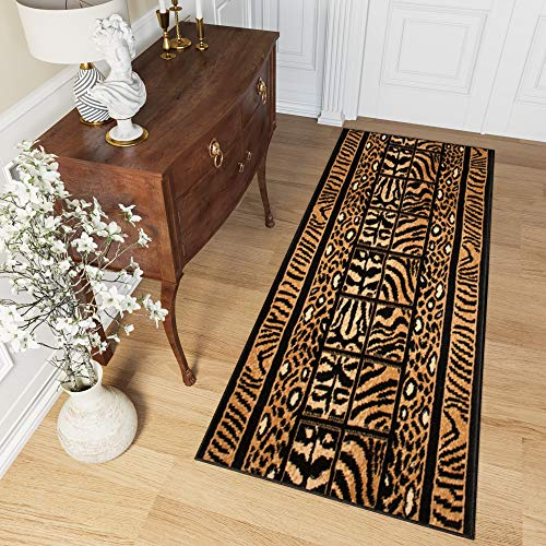 TAPISO Atlas Teppich Läufer Meterware Flur Kurzflor Küche Wohnzimmer Streifen Linien Tiermotiv Tiger Leopard Schwarz Gelb ÖKOTEX 70 x 180 cm
