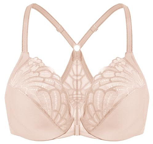 MELENECA Women's Front Fastening Racerback Plus Size Stretch Lace Underwire Unlined Bras Beige 38E
