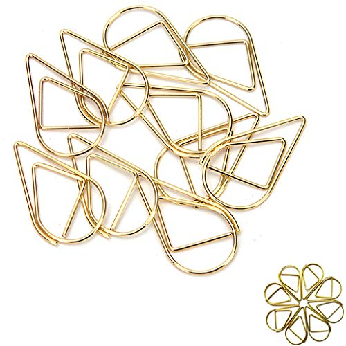 Büroklammer Set - 100pcs Kleine Büroklammern Wassertropfen Papierklammern 1.5x2.5cm Waterdrop Geformt Lesezeichen Retro-Design Metall Schreibwaren für Schule und Büro (Gold)