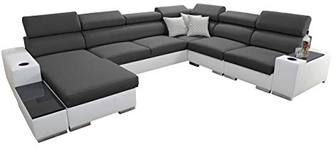 Ecksofa Perseo VIII mit ausziehbarem Bett und verstellbaren Kopfstützen, Eckcouch mit Schlaffunktion und Bettkasten, elegantes U-Form-Sofa, Wohnlandschaft (EKJ 01 + Sawana 96 + Evo 32, Seite: Links)