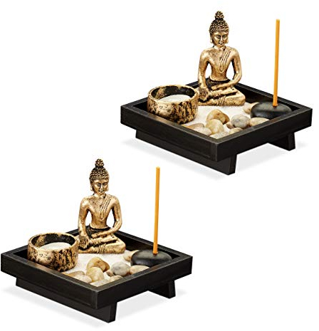 Relaxdays 2 x Zen Garten, mit Buddha, Steinen, Sand, Räucherstäbchen & Teelichthalter, Entspannung, Feng Shui Deko, schwarz