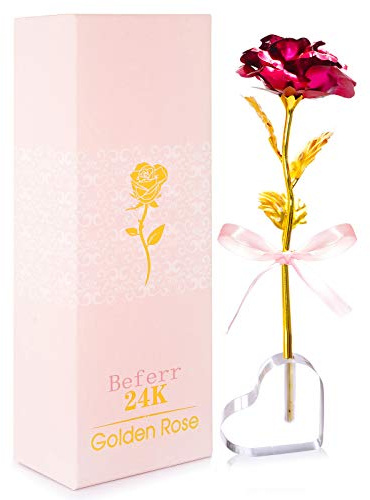 Beferr Eternal Rose w/Heart Stand Gift for Women Mum Wife Daughter Sister | Golden Foil Forever Rose,Birthday Gifts,Grandma,Wife,Girlfriend,Eternal Rose Gift,Anniversary,Valentines,Christmas Day