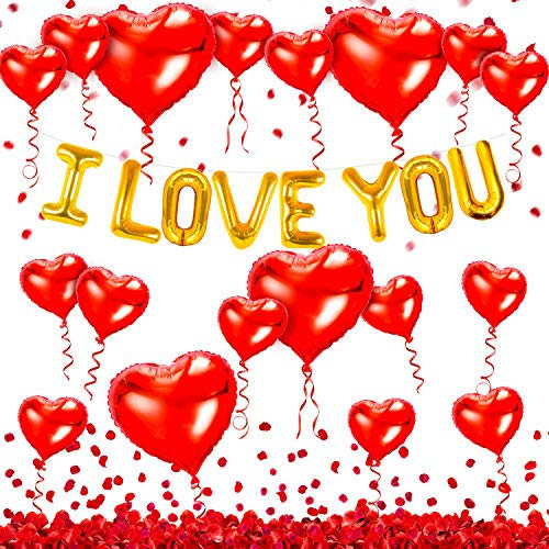 obqo I Love You Balloons for Her Him and Heart Balloons Kit with Rose Petals, Valentines Day Decorations for Men Women