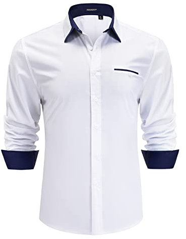 HISDERN Mens Formal Dress Shirts Classic White Long Sleeve Casual Button Down Collar Shirt Regular Fit XL