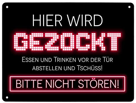 Hier wird gezockt Metallschild XL in 21x28 cm für Gamer in rot lustige Geschenkidee für Jungen und Mädchen die Computerspiele lieben und am liebsten den ganzen Tag zocken würden