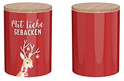 La Vida Vorratsdose Mit Liebe gebacken Rentier Porzellan mit Bambusdeckel rot Natur 11x16cm