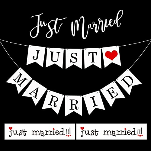 Just Married Decorations - 1Pc Window Decals + 1Pc Banner + 2Pcs Car Plates for Wedding, Bridal Shower, Engagement
