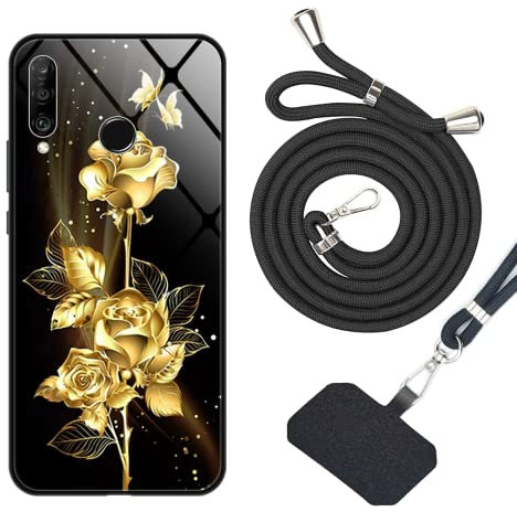 Verre Trempé Coque Huawei P30 Lite Étui avec Cordon,Cadre Souple Housse Huawei P30 Lite Coque Cordon+Arrière en Verre Trempé à Motifs,Coque avec Cordon Huawei P30 Lite Lanyard Case,Motif04