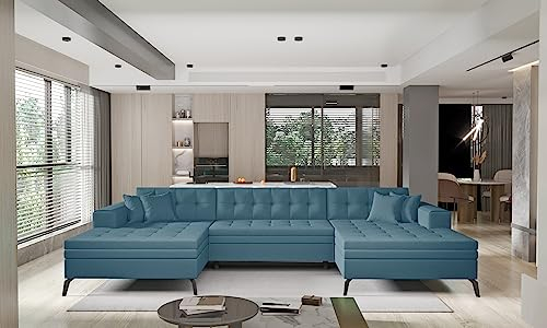 ALTDECOR Ecksofa in U-Form mit Schlaffunktion, Polstercouch Wohnlandschaft rückenecht gepolstert, ideal als Gästebett - VETORA 350x170x93 - Hellblau