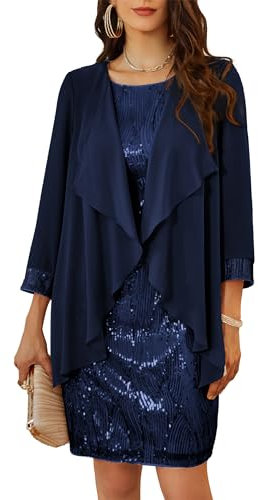 GRACE KARIN Damen 2-teilige Paillettenkleid Set Ärmelloses Sexy Rundhals Knielanges Sparkle Party Etuikleid für Sommer Dunkelblau XXL