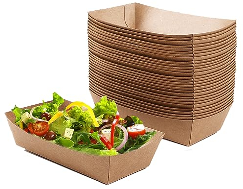 Allbusky 50PCS Disposable Kraft Paper Food Trays, Oil-Proof Paper Food Serving Trays, Boat Picnic Boxes, Serving Food Container Cardboard Bowls Burger Trays Sandwich Tableware