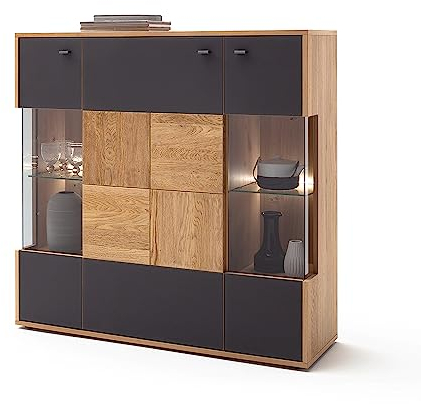 Lomadox Highboard Vitrinenschrank mit LED-Beleuchtung in Eiche Bianco teilmassiv, B/H/T ca. 124/120/37 cm