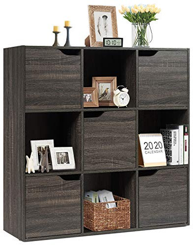 KOMFOTTEU 3 Ebenen Bücherregal, Bücherschrank mit 9 Fächern, Würfelregal freistehend, Standregal Büroregal mit Magnetverschuss, Aktenregal 90 x 29 x 90 cm (Dunkelgrau)
