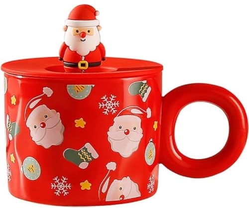 SuperglockT Weihnachtstasse Lustige Weihnachtsmotive Keramik Kaffeetasse mit Deckel Teetasse 400ml Weihnachtsbecher Geschenkidee für Freunde Kollegen Mama Papa Oma Opa (Weihnachtsmann)