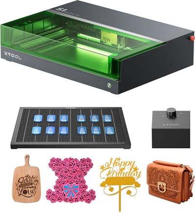 xTool S1 Laser Graviermaschine und Laser Cutter mit air assist und Wabe, 10W DIY Lasermaschine, 0.04 * 0.06mm komprimierter Punkt, Autofokus, Gravur auf Holz, Metall, Acryl, Leder