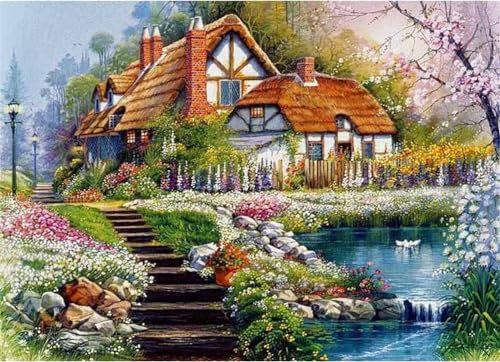 Meecaa Kreuzstich-Set, 11-fädig, Landschaft, See, Entenhaus, Villa, Stickset mit Zubehör, vorgedruckt (36 x 46 cm) (Querformat 2)