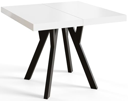 Quadratischer Esszimmertisch RICO, ausziehbarer Tisch, Größe: 90-190X90X77 cm, Wohnzimmertisch Farbe: Weiß, mit Holzbeinen in Farbe Schwarz