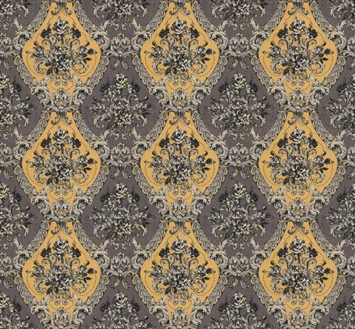 ReWallpaper Tapete Selbstklebend Grau Gold Tapete Barock Grau Klebefolie Möbel Vintage Grau für Schrank Tapete Geometrische Muster 44.5cm×3m Mustertapete Vintage Tapete Blumenmuster Gelb