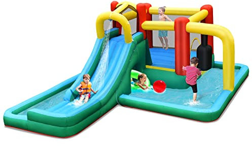 COSTWAY Inflatable Water Park, 6 in 1 Kids Bouncy Castle Jumper House with Slide, Climbing Wall, Splashing Pool, Blowup Waterslides for Kids Aged 3-10 Years Old