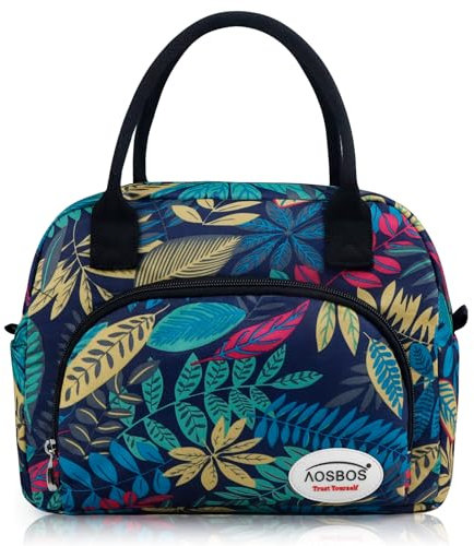 AOSBOS Sac à Repas Isotherme 12L Grand Lunch Bag pour Femme Homme Enfant, Glacière Souple Étanche pour Travail Pique-nique, Motifs à Feuilles & Bleu