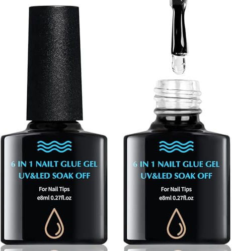 2 Pièces Colle Faux Ongles 6 en 1, 8ml Colle Pour Faux Ongles UV Extra Forte, Colle Capsules Ongles UV, Base Gel Pour Pose Américaine Ongles, Gel de Base Coat, Nail Extend Gel